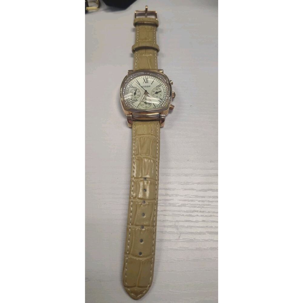 Gossip Quartz Watch Rose Gold Tone Barrel Chronograph Leather New Battery NWOT